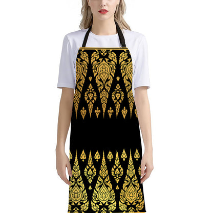 Gold And Black Thai Pattern Print Bib Apron With Pocket
