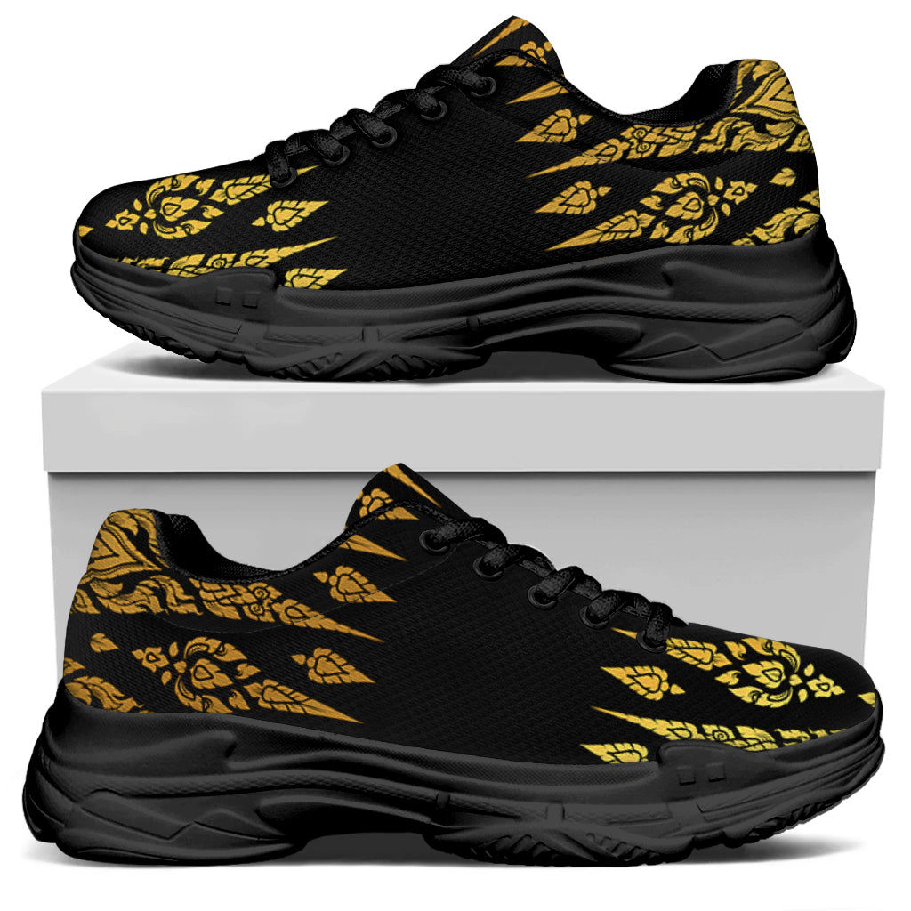 Gold And Black Thai Pattern Print Black Chunky Shoes