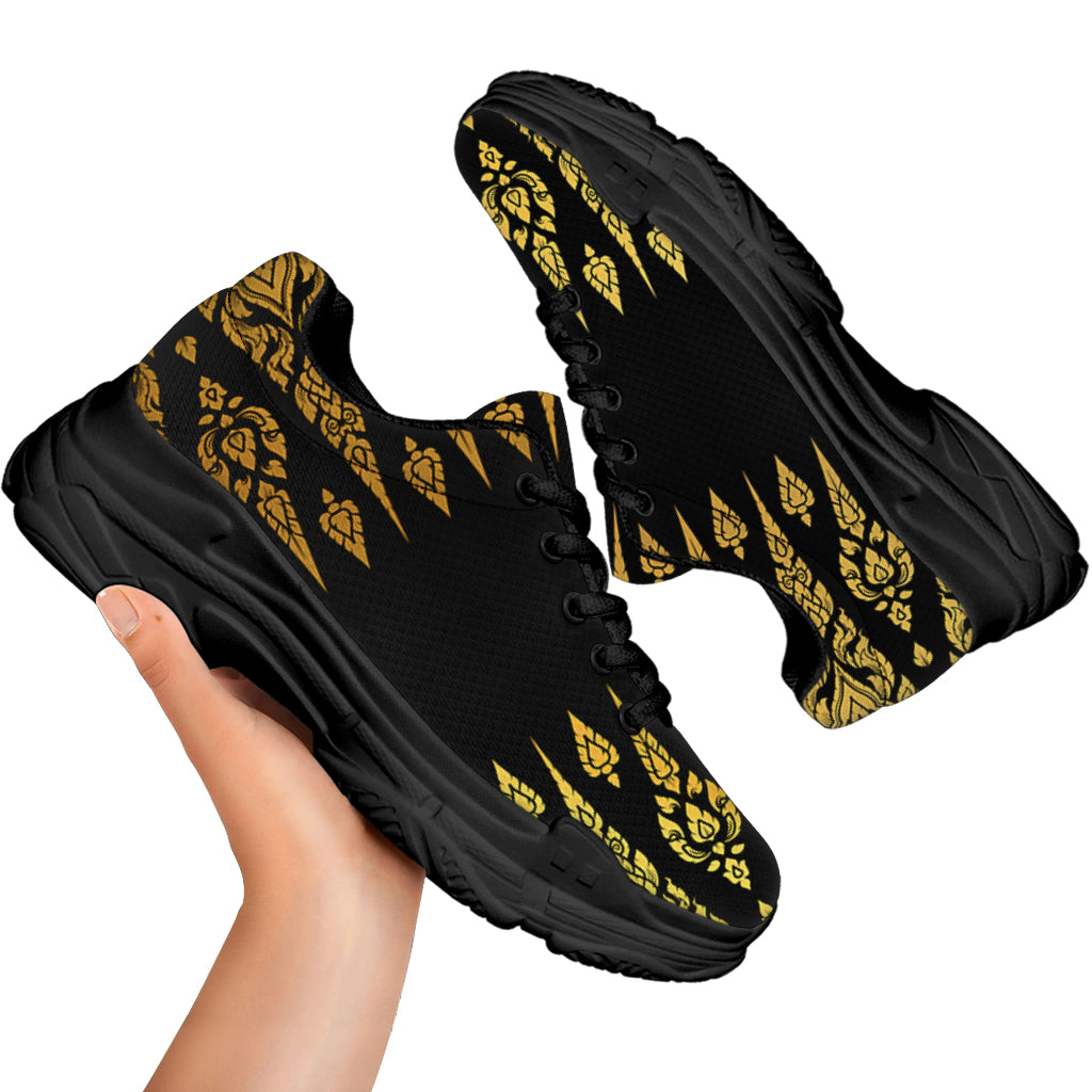 Gold And Black Thai Pattern Print Black Chunky Shoes