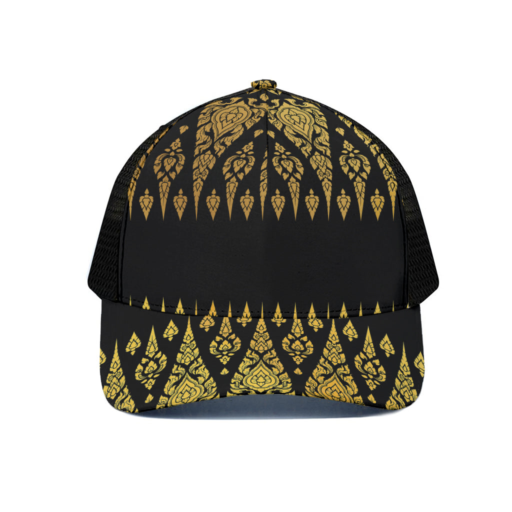 Gold And Black Thai Pattern Print Black Mesh Trucker Cap