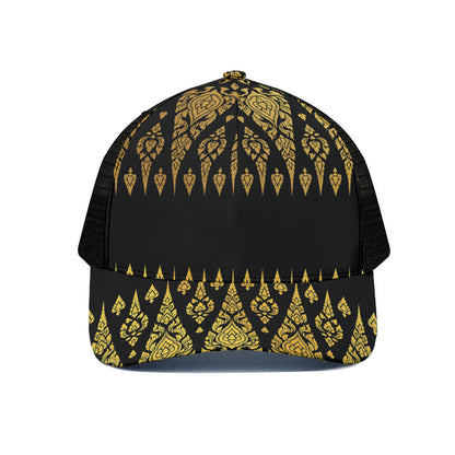 Gold And Black Thai Pattern Print Black Mesh Trucker Cap