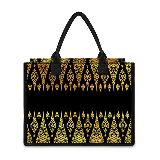 Gold And Black Thai Pattern Print Canvas Tote Bag