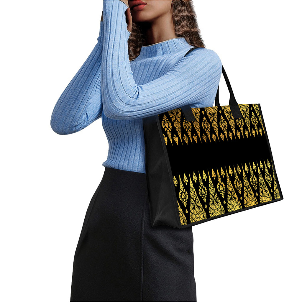Gold And Black Thai Pattern Print Canvas Tote Bag