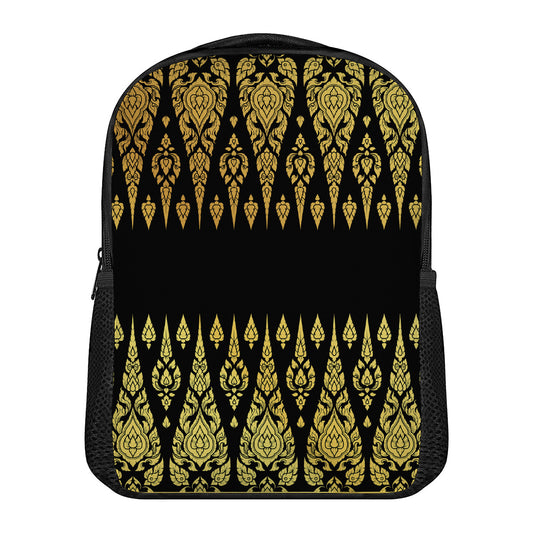 Gold And Black Thai Pattern Print Casual Backpack
