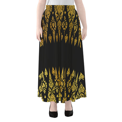 Gold And Black Thai Pattern Print Chiffon Maxi Skirt