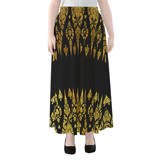 Gold And Black Thai Pattern Print Chiffon Maxi Skirt