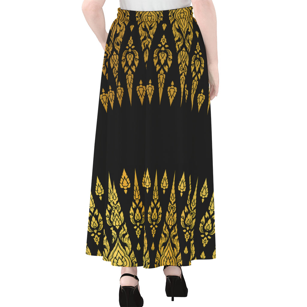 Gold And Black Thai Pattern Print Chiffon Maxi Skirt