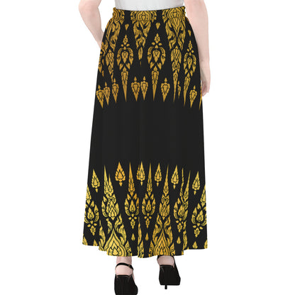 Gold And Black Thai Pattern Print Chiffon Maxi Skirt