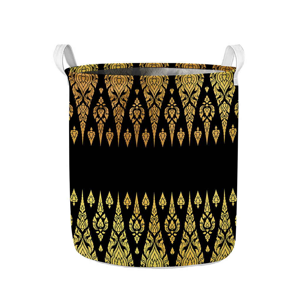 Gold And Black Thai Pattern Print Collapsible Laundry Basket