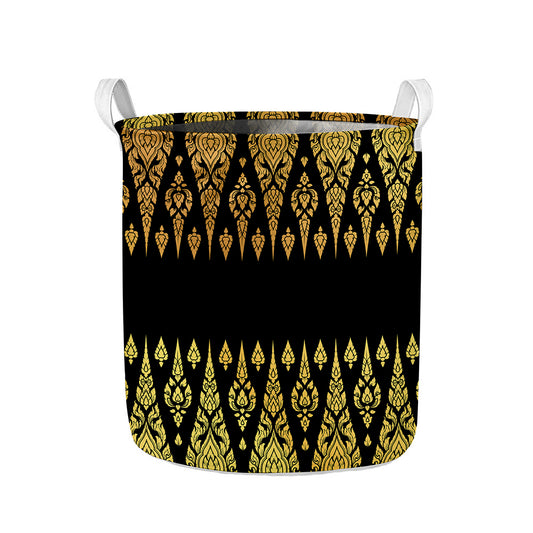 Gold And Black Thai Pattern Print Collapsible Laundry Basket