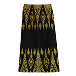 Gold And Black Thai Pattern Print Cotton Front Slit Maxi Skirt