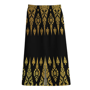 Gold And Black Thai Pattern Print Cotton Front Slit Maxi Skirt