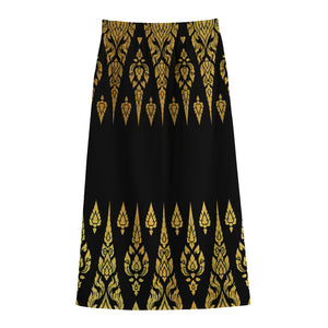 Gold And Black Thai Pattern Print Cotton Front Slit Maxi Skirt