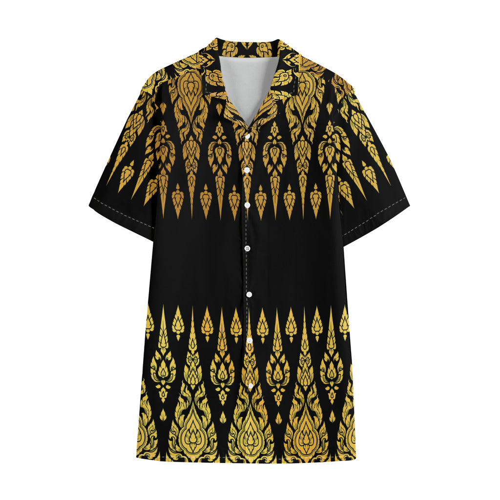 Gold And Black Thai Pattern Print Cotton Hawaiian Shirt