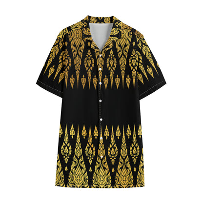 Gold And Black Thai Pattern Print Cotton Hawaiian Shirt