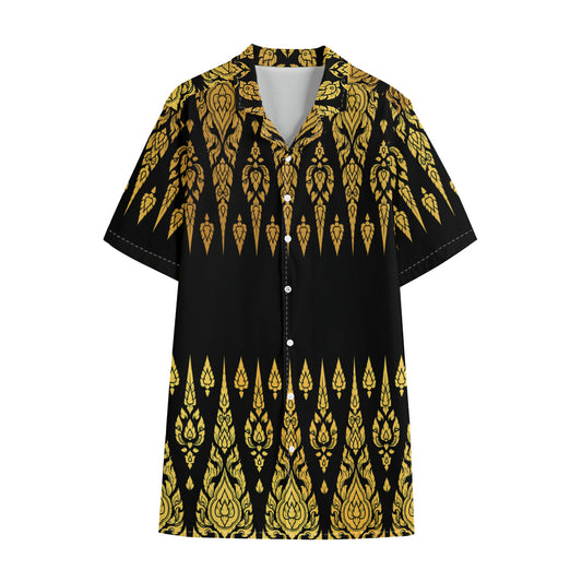 Gold And Black Thai Pattern Print Cotton Hawaiian Shirt