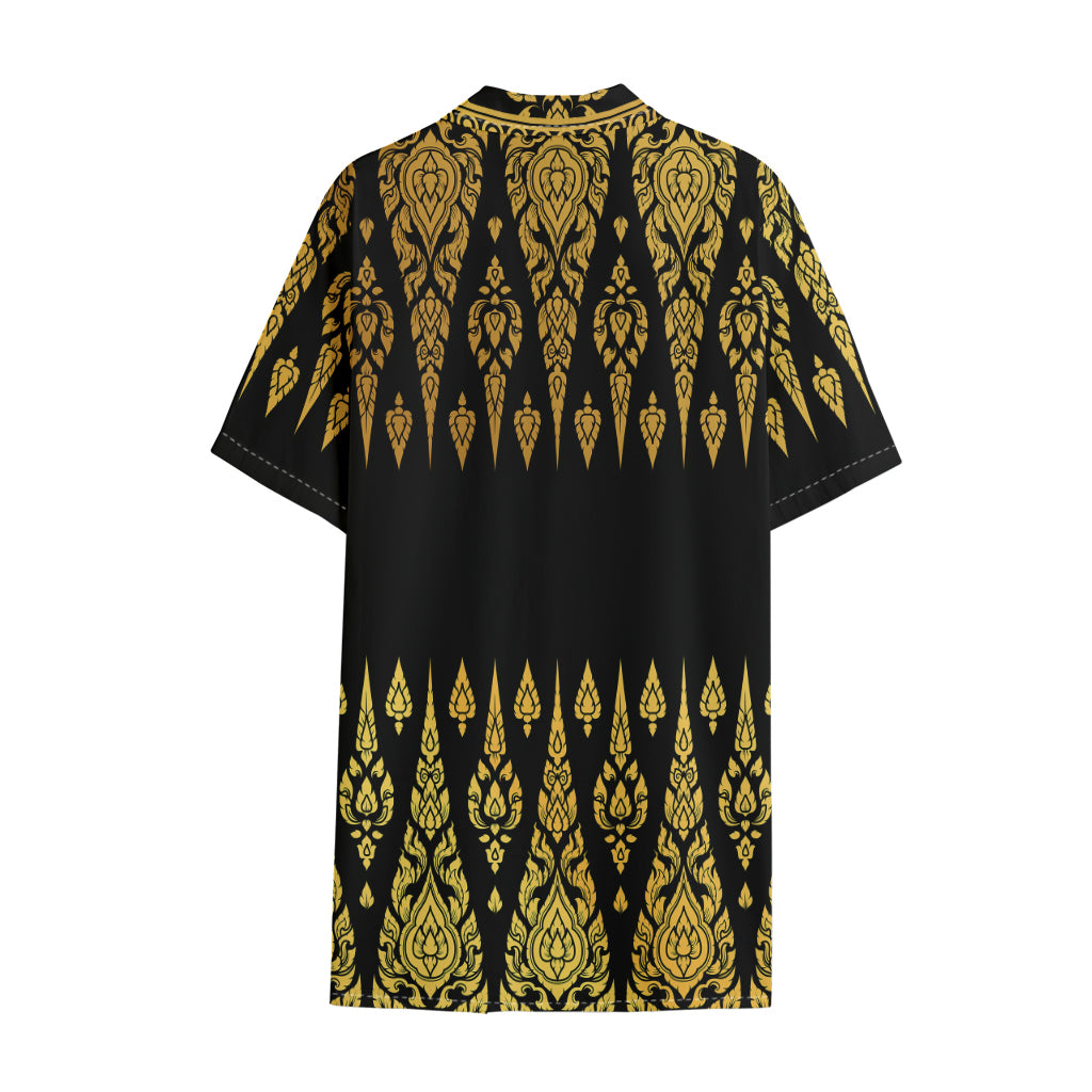 Gold And Black Thai Pattern Print Cotton Hawaiian Shirt