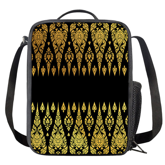 Gold And Black Thai Pattern Print Crossbody Lunch Bag