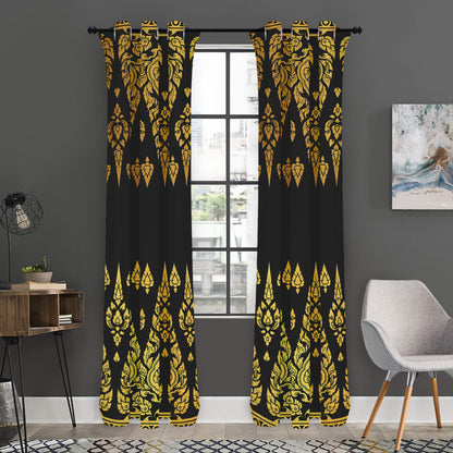 Gold And Black Thai Pattern Print Curtain