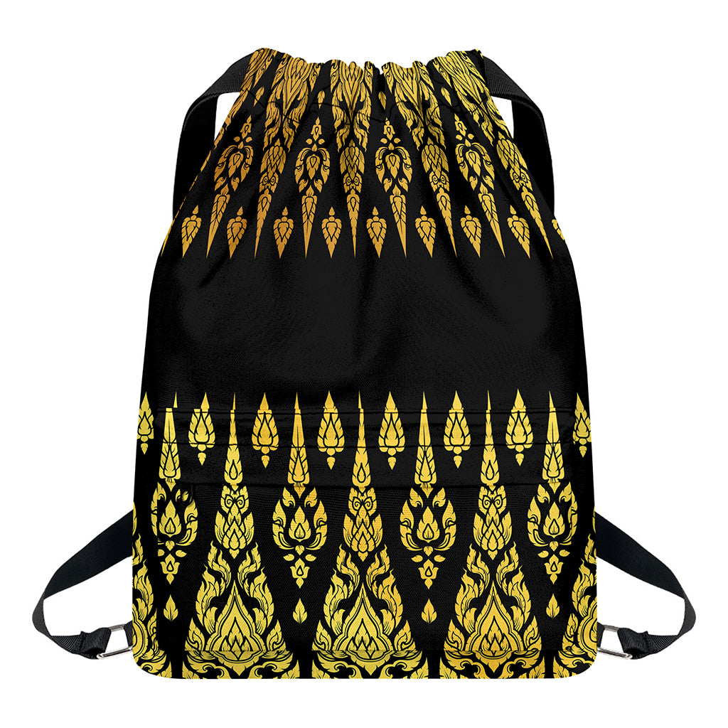 Gold And Black Thai Pattern Print Drawstring Backpack