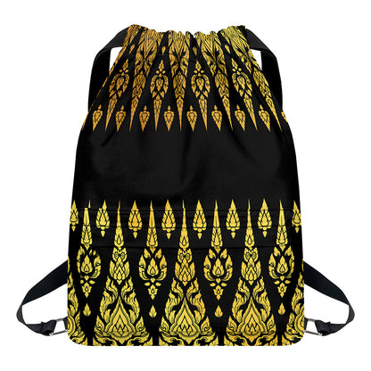Gold And Black Thai Pattern Print Drawstring Backpack