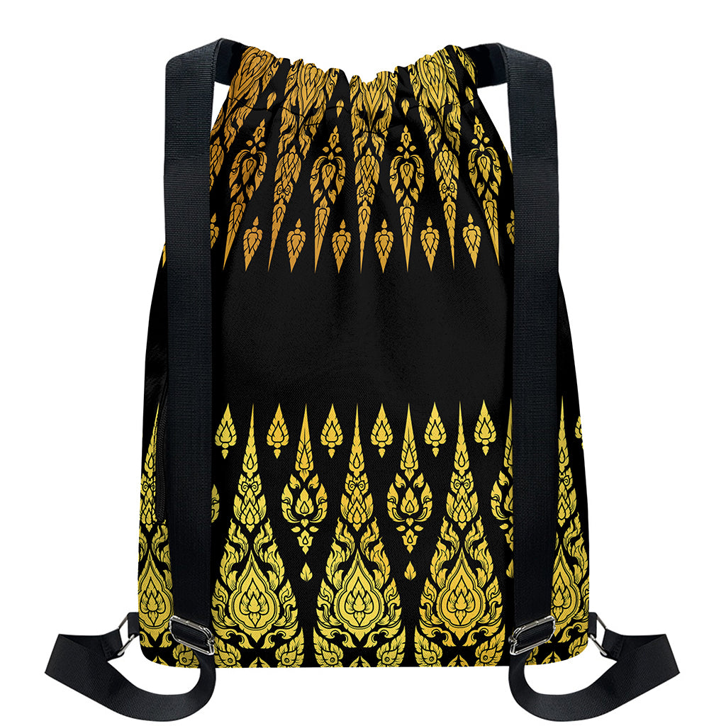 Gold And Black Thai Pattern Print Drawstring Backpack