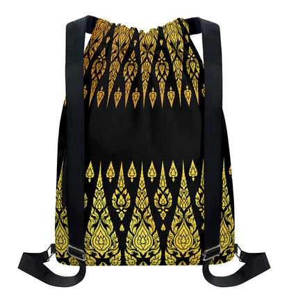 Gold And Black Thai Pattern Print Drawstring Backpack