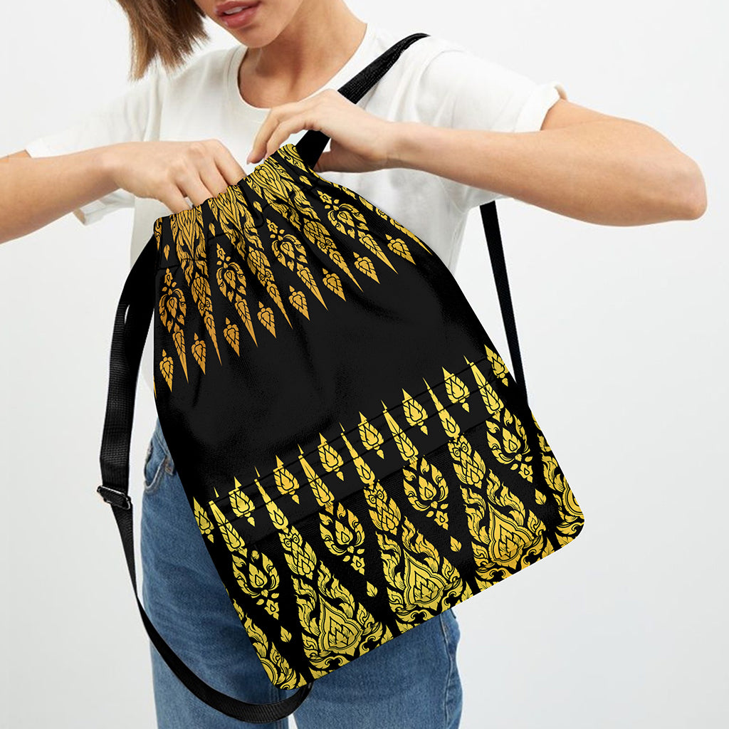Gold And Black Thai Pattern Print Drawstring Backpack