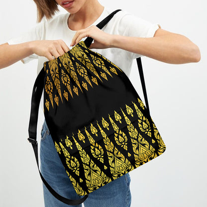 Gold And Black Thai Pattern Print Drawstring Backpack