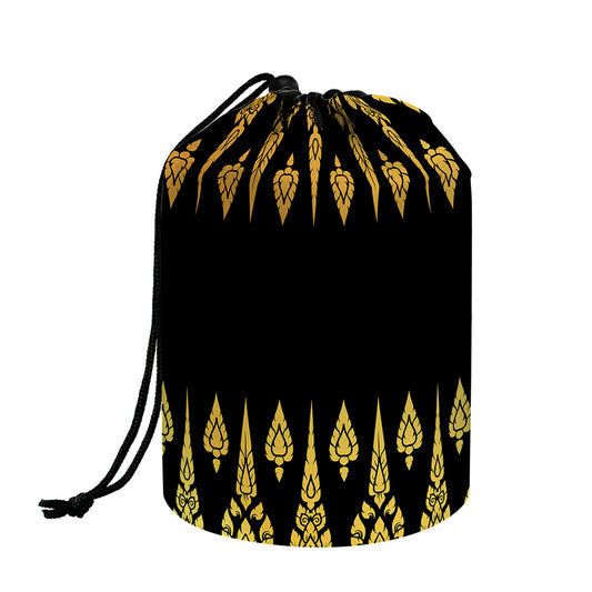 Gold And Black Thai Pattern Print Drawstring Makeup Bag