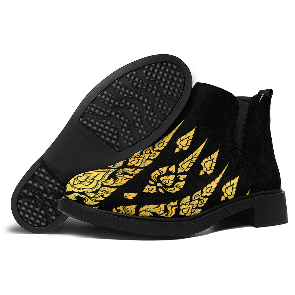 Gold And Black Thai Pattern Print Flat Ankle Boots