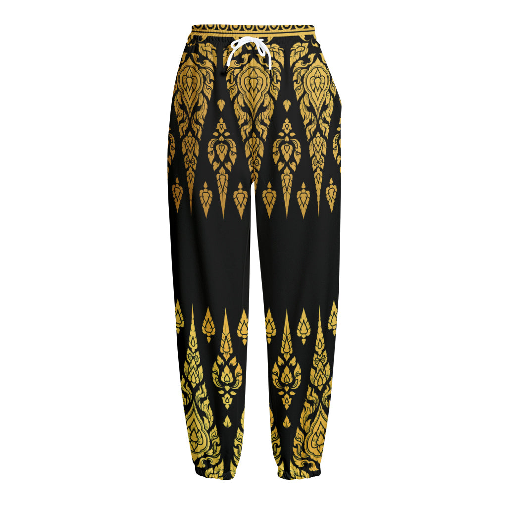 Gold And Black Thai Pattern Print Fleece Lined Knit Pants