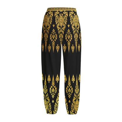 Gold And Black Thai Pattern Print Fleece Lined Knit Pants