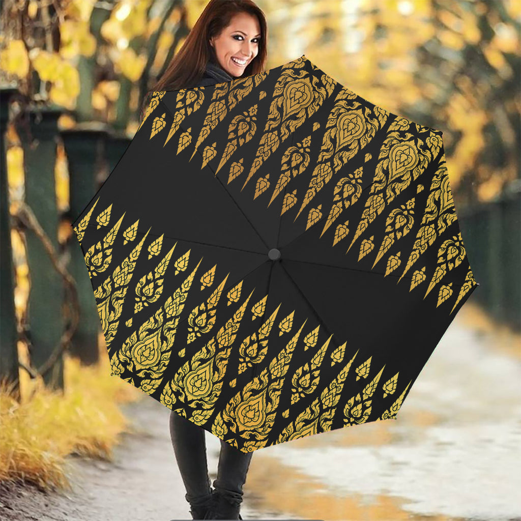 Gold And Black Thai Pattern Print Foldable Umbrella