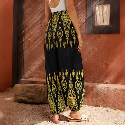 Gold And Black Thai Pattern Print Harem Pants