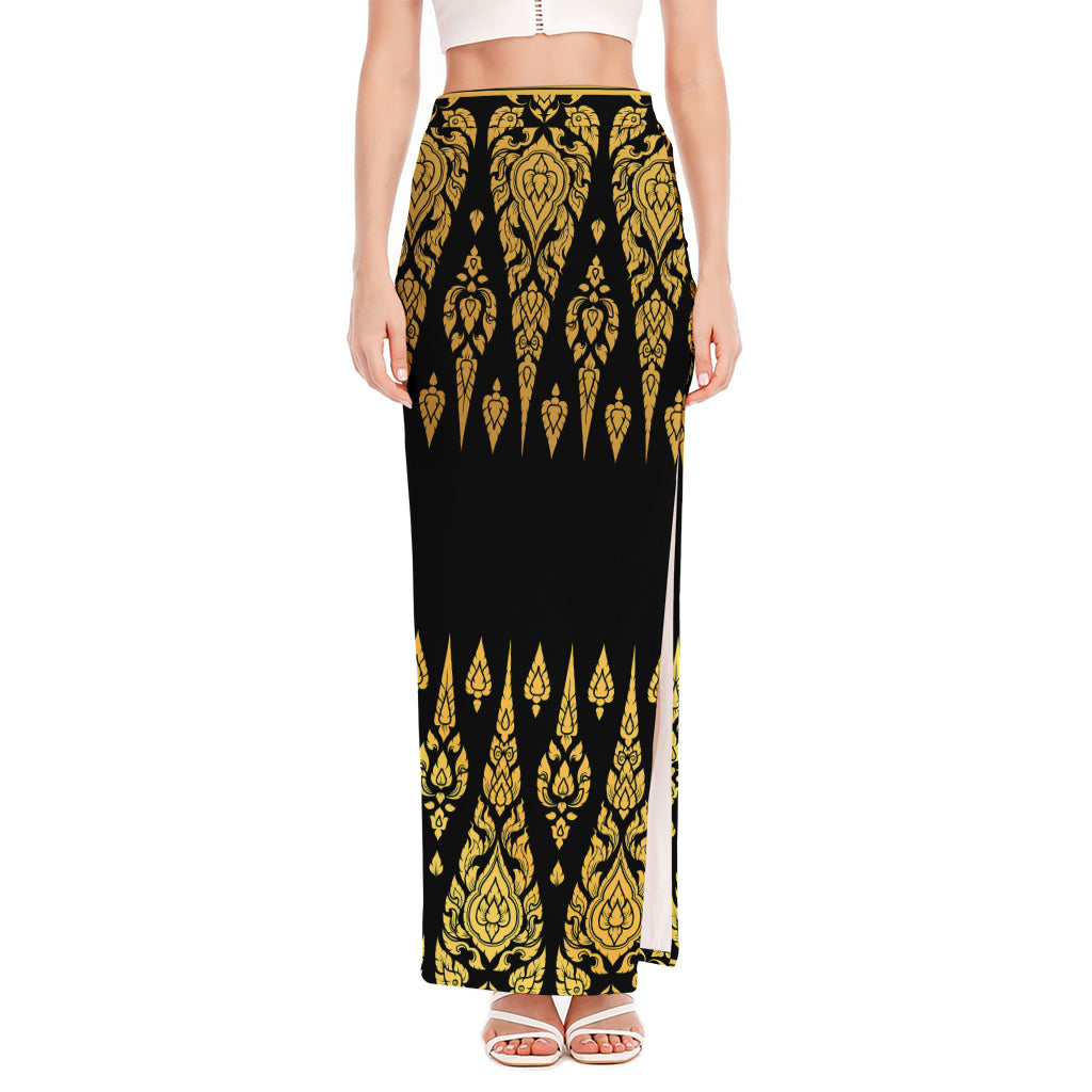 Gold And Black Thai Pattern Print High Slit Maxi Skirt