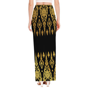 Gold And Black Thai Pattern Print High Slit Maxi Skirt