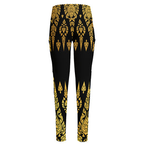 Gold And Black Thai Pattern Print High-Waisted Pocket Leggings