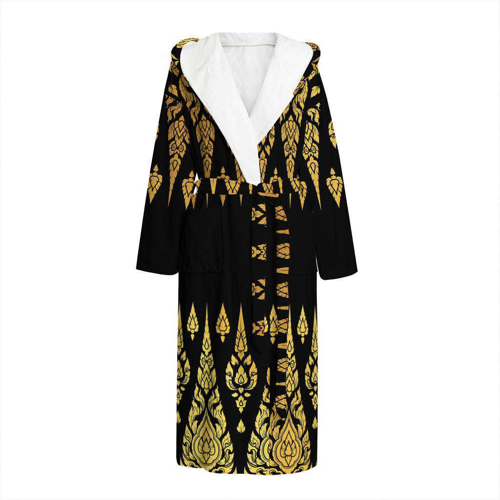 Gold And Black Thai Pattern Print Hooded Bathrobe