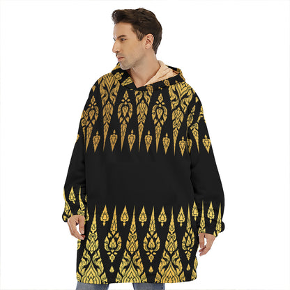 Gold And Black Thai Pattern Print Hoodie Blanket