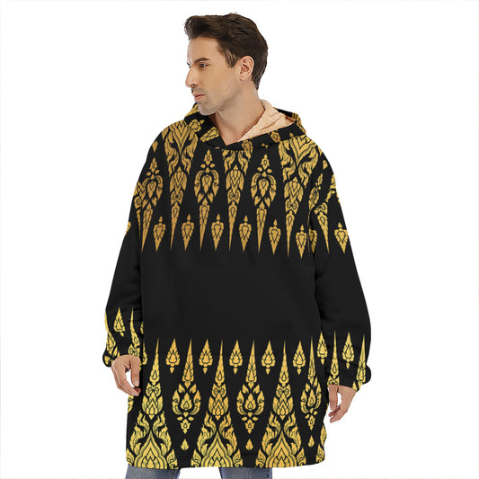 Gold And Black Thai Pattern Print Hoodie Blanket