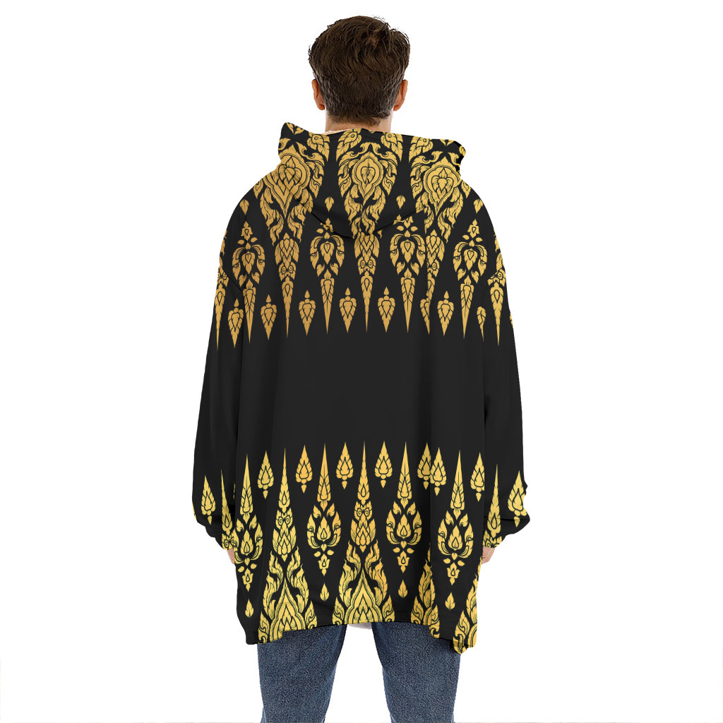 Gold And Black Thai Pattern Print Hoodie Blanket