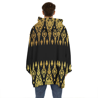 Gold And Black Thai Pattern Print Hoodie Blanket