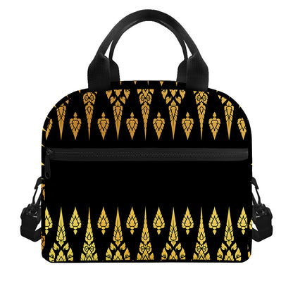 Gold And Black Thai Pattern Print Insulated Lunch Bag