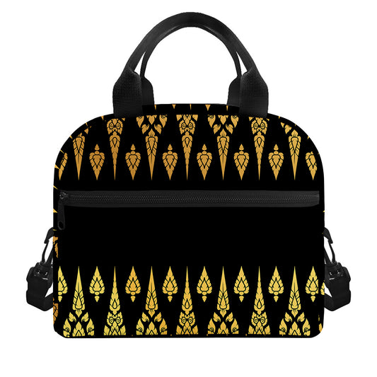 Gold And Black Thai Pattern Print Insulated Lunch Bag
