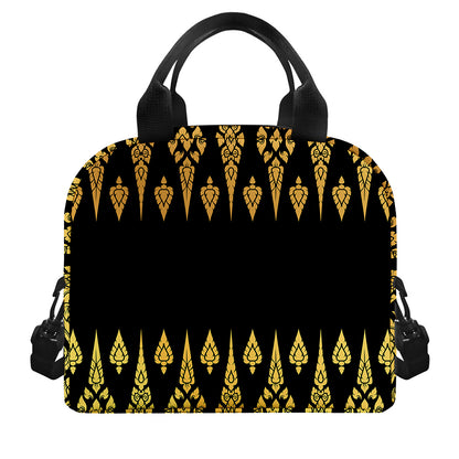 Gold And Black Thai Pattern Print Insulated Lunch Bag