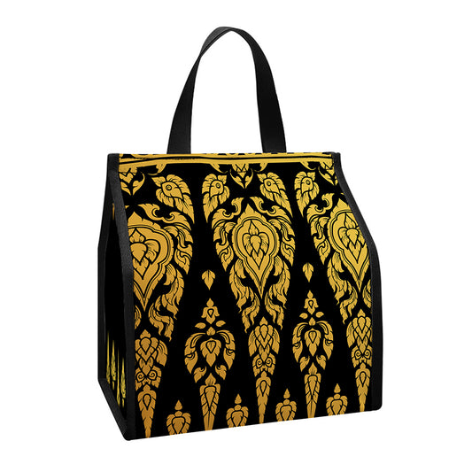Gold And Black Thai Pattern Print Insulated Lunch Tote