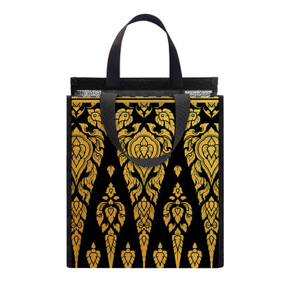 Gold And Black Thai Pattern Print Insulated Lunch Tote