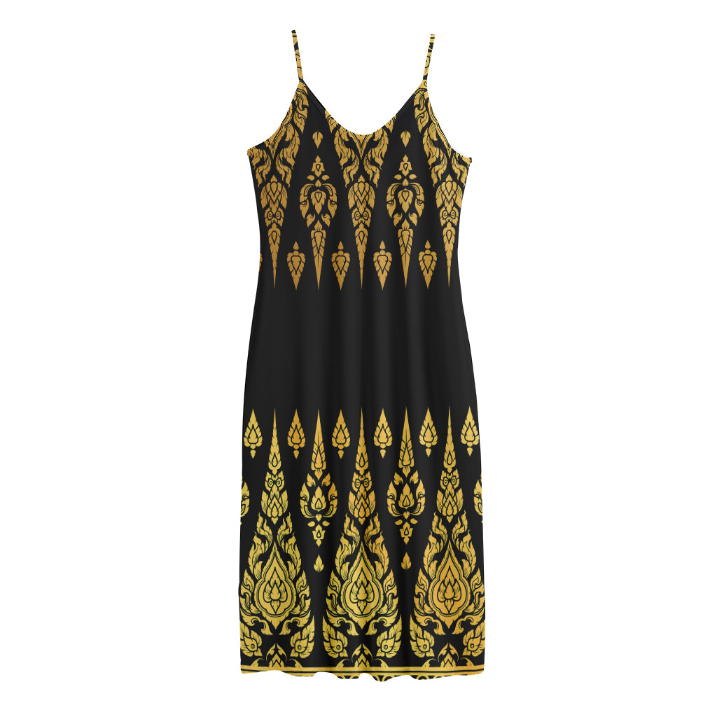 Gold And Black Thai Pattern Print Jersey Midi Cami Dress