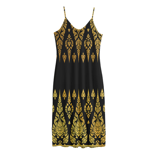Gold And Black Thai Pattern Print Jersey Midi Cami Dress